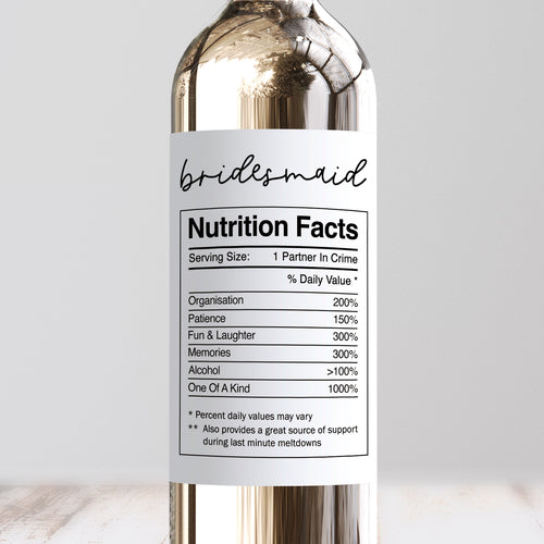 Bridesmaid Nutrition Facts Wine Label