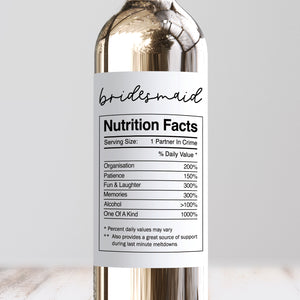 Bridesmaid Nutrition Facts Wine Label